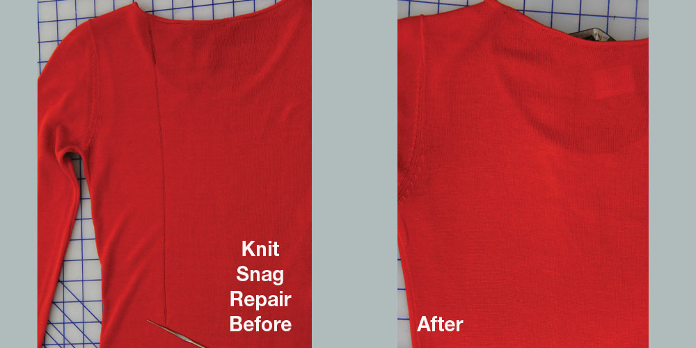 Knit snag repair before and after